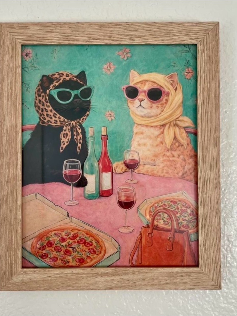 Framed 8x10 Retro Cats Wine Night Wall Art - Teal & Pink